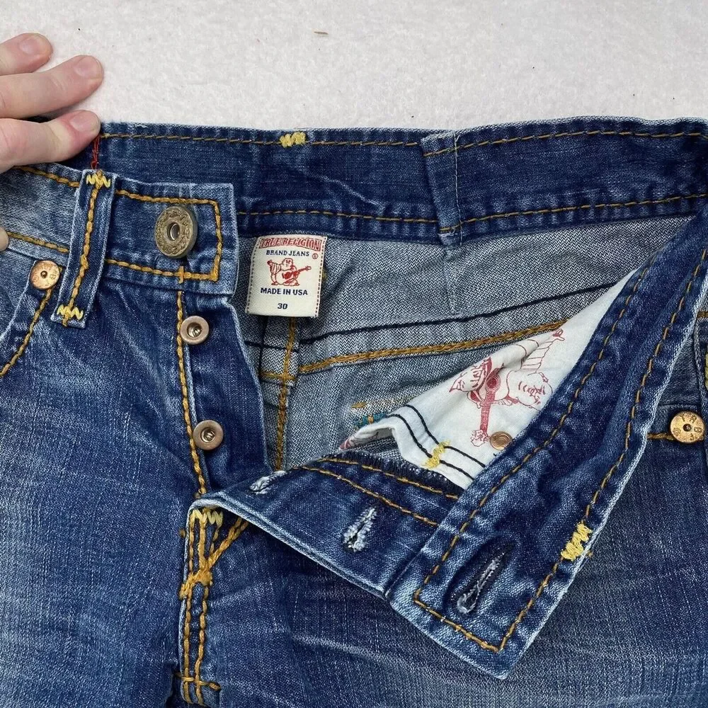 True Religion Mens Ricky Giant Big T Cut Off Jean Shorts Denim Size 30 Made USA